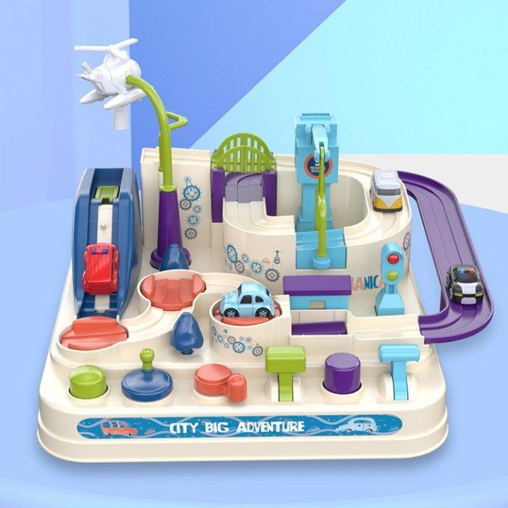 Child's perspective of the interactive adventure track toy, showing cars navigating the vibrant city layout.