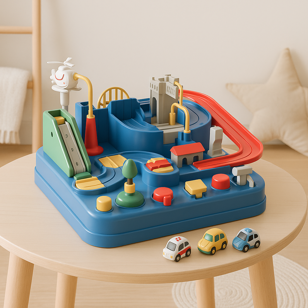 Interactive car adventure city track toy set with multiple cars on an educational kids game.