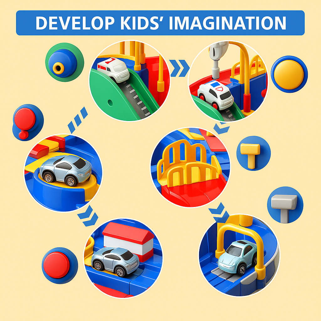 Close-up of a child's hands navigating obstacles on a colorful car adventure track toy.