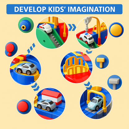 Close-up of a child's hands navigating obstacles on a colorful car adventure track toy.