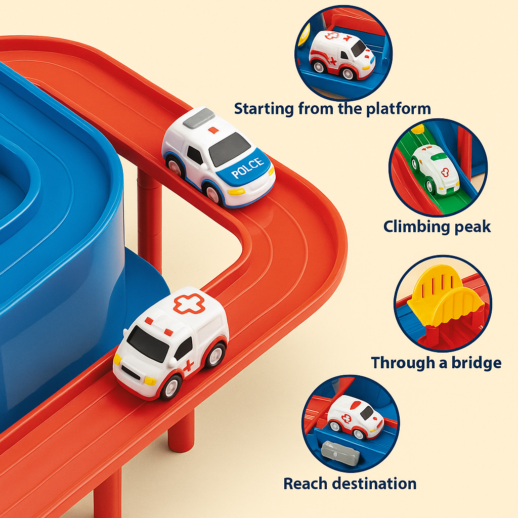 Overhead view of a complete kids' interactive car adventure city track toy, promoting creative play.
