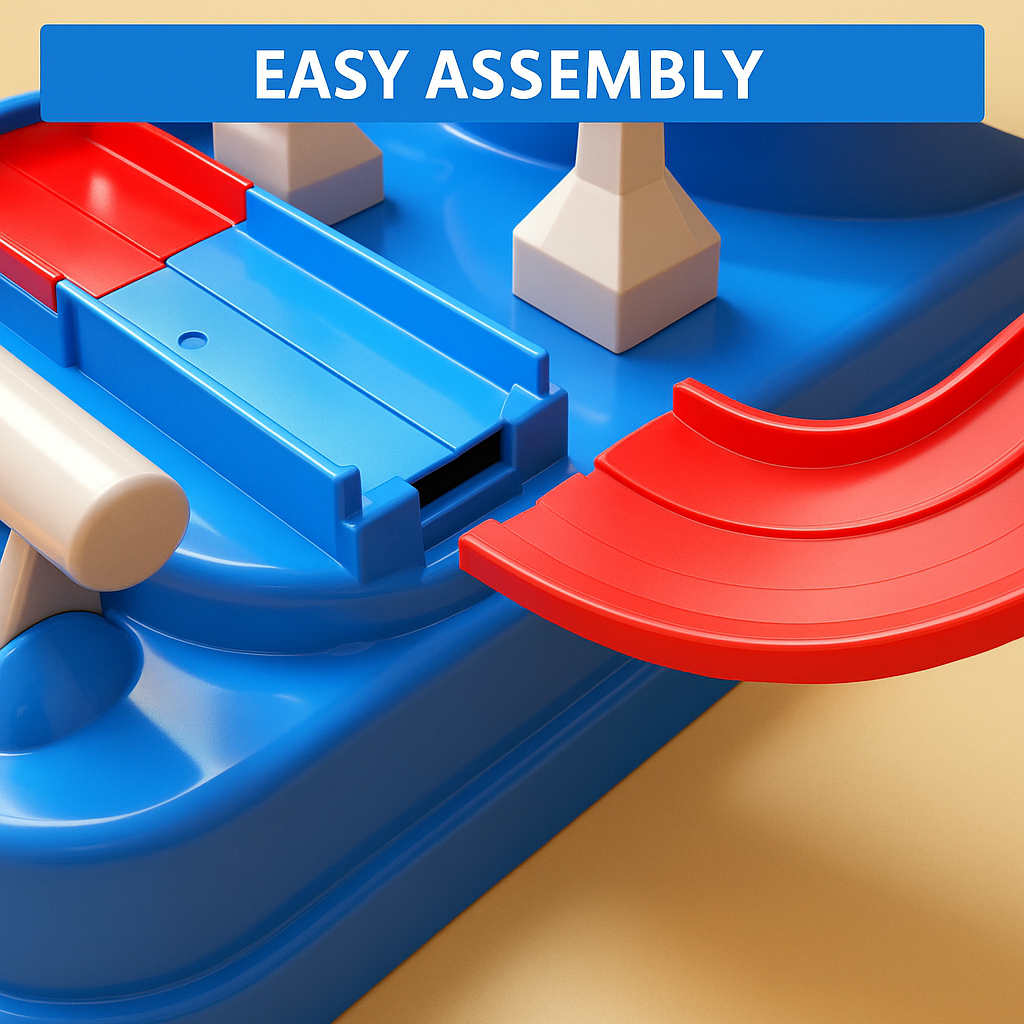 Kids' adventure track toy showing different game elements like cranes and bridges, enhancing brain development.