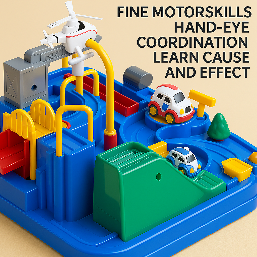 Durable ABS plastic interactive car adventure city track toy, safe for children's creative play.