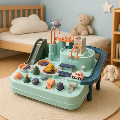 Happy child focused on problem-solving with the interactive car adventure educational track toy.