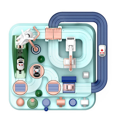 Detailed section of the adventure city track toy featuring a car lift, developing fine motor skills.