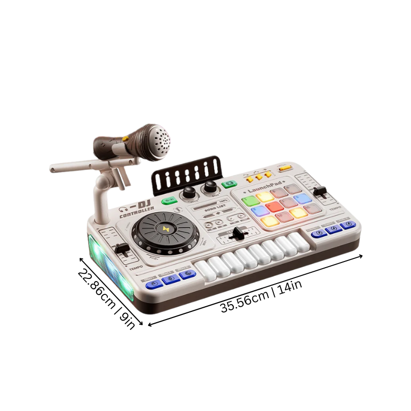 Toddler using a kids DJ mixer music toy with microphone, smiling while singing, promoting interactive and musical fun