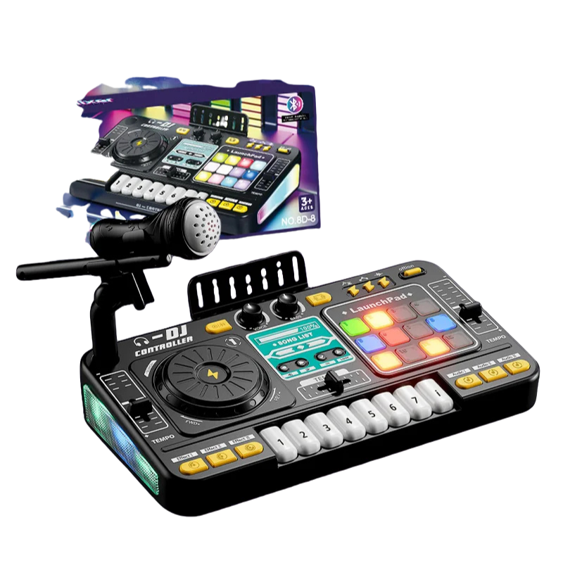 Group of children gathered around a Kids' Interactive DJ Mixer Music Toy, suggesting fun group play and early music exposure