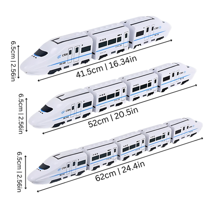 Close-up of motorized electric train toy for kids, detailed design with sound effects