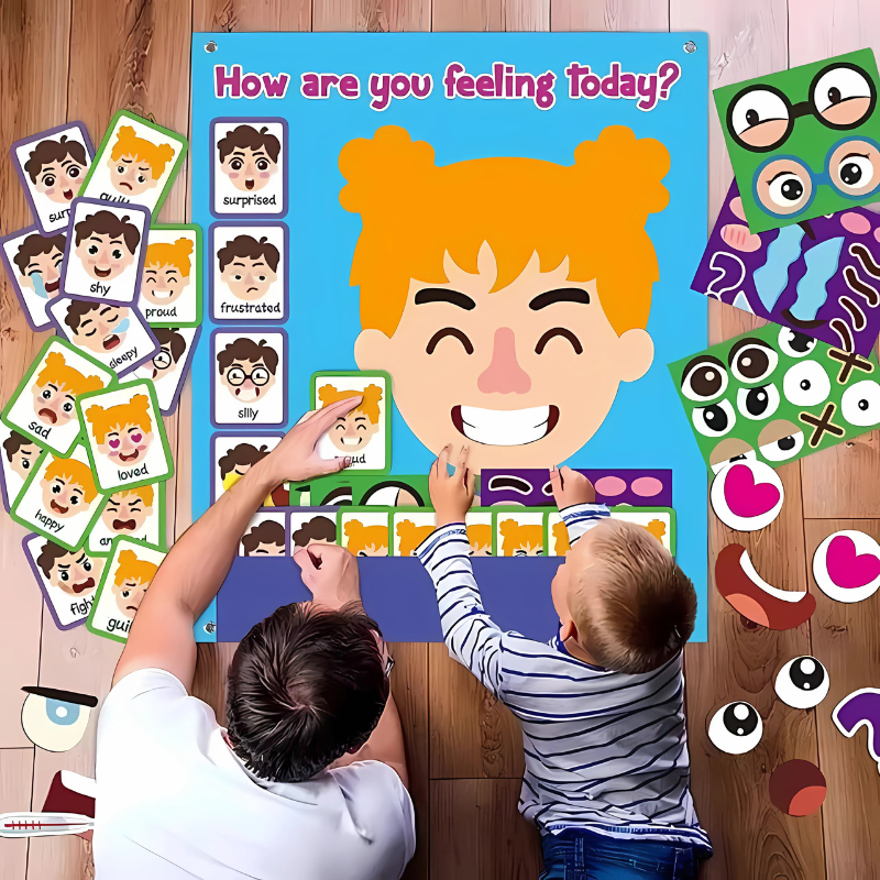 Kids playing with interactive felt sticker game for emotional learning, showing happy and sad faces.