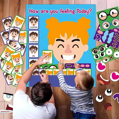 Kids playing with interactive felt sticker game for emotional learning, showing happy and sad faces.
