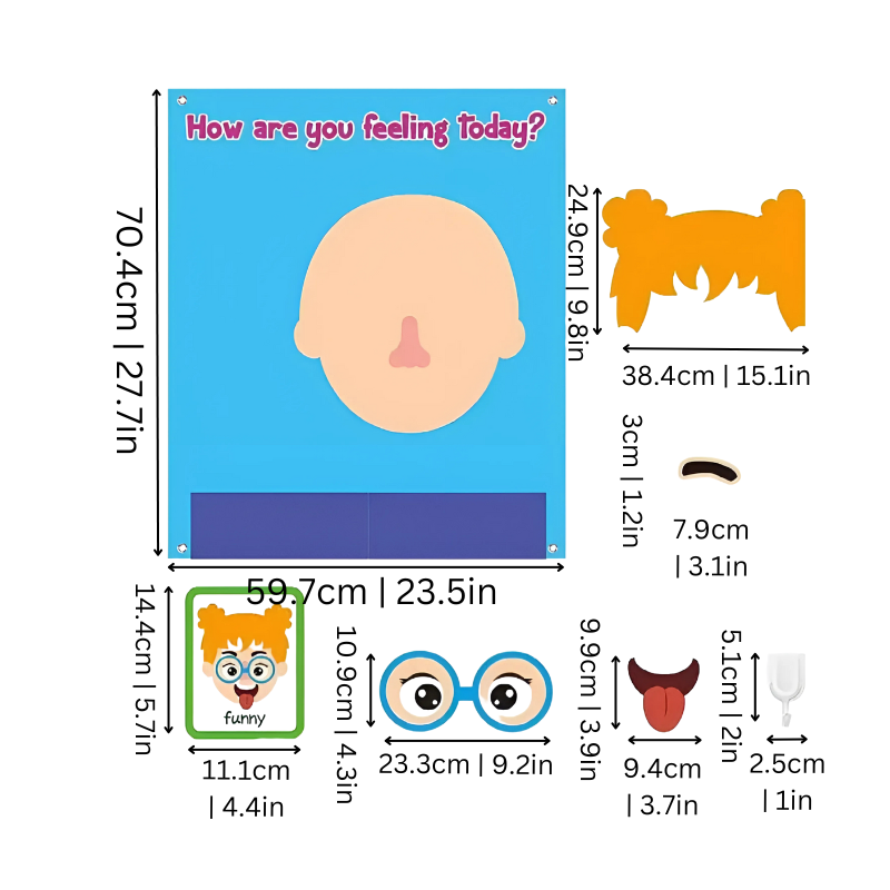 Toddler arranging felt emotions on a face board, learning feelings with interactive kids' development toy.