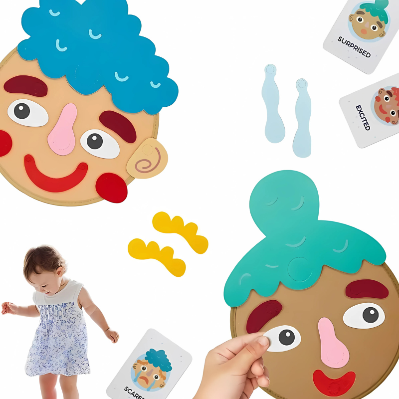 Close-up of child's hands placing a 'surprised' felt sticker on a character during emotional learning play.
