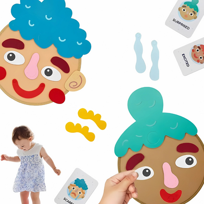Close-up of child's hands placing a 'surprised' felt sticker on a character during emotional learning play.