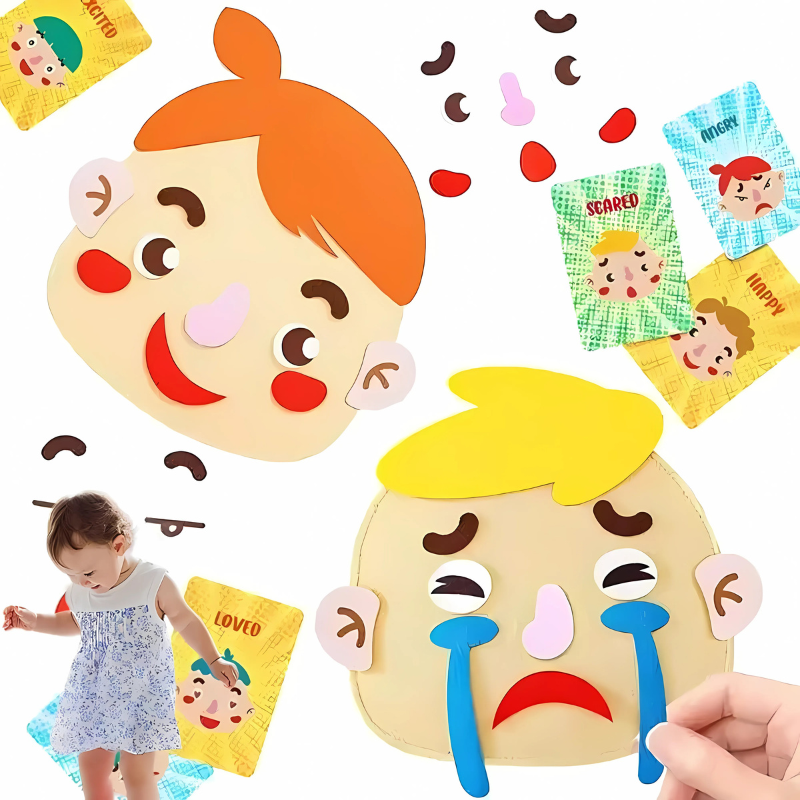 Colorful felt game pieces with various emotions like anger and joy, designed for kids' development and creative play.