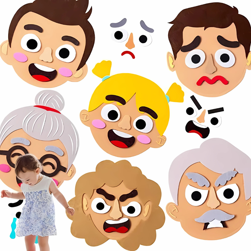 Educational felt sticker game featuring different facial expressions, helping toddlers understand emotions.