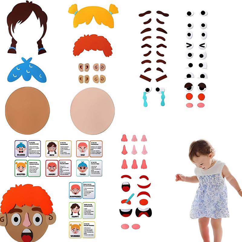 Interactive felt board set for emotional learning, with multiple felt face shapes and expression stickers for kids.
