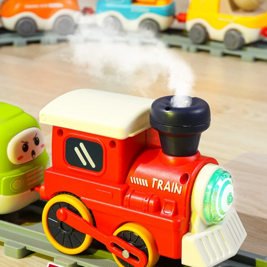 Kids playing with interactive steam engine train track set, educational toy for motor skills development