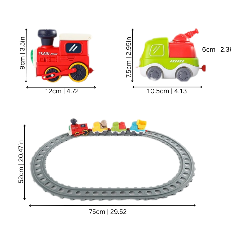 Close-up of a steam train on an interactive track set with a crane toy, encouraging role play
