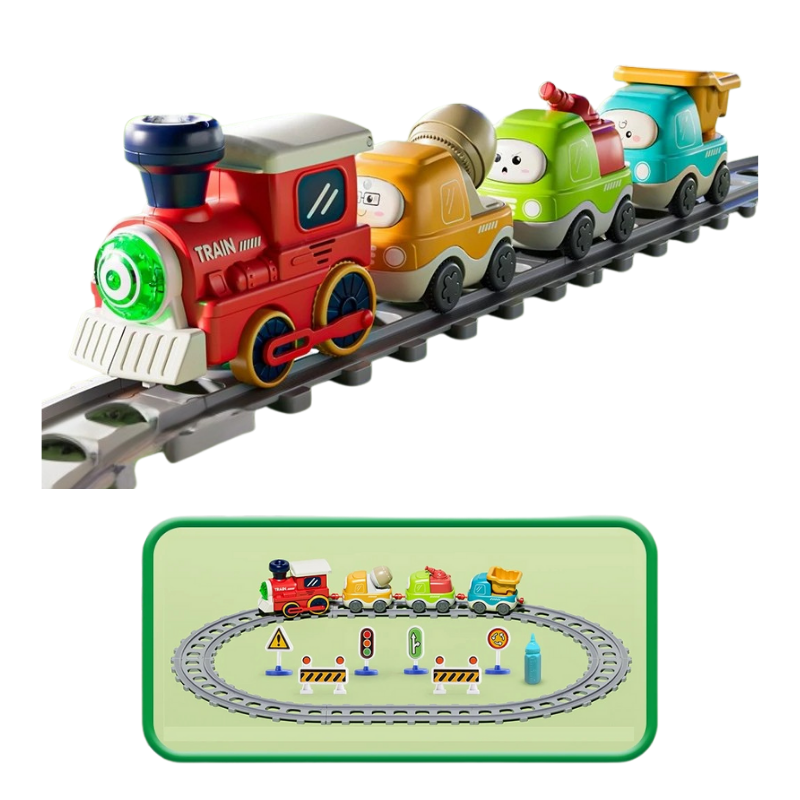 Overhead view of an interactive steam train track set, complete with movable crane and multiple track pieces