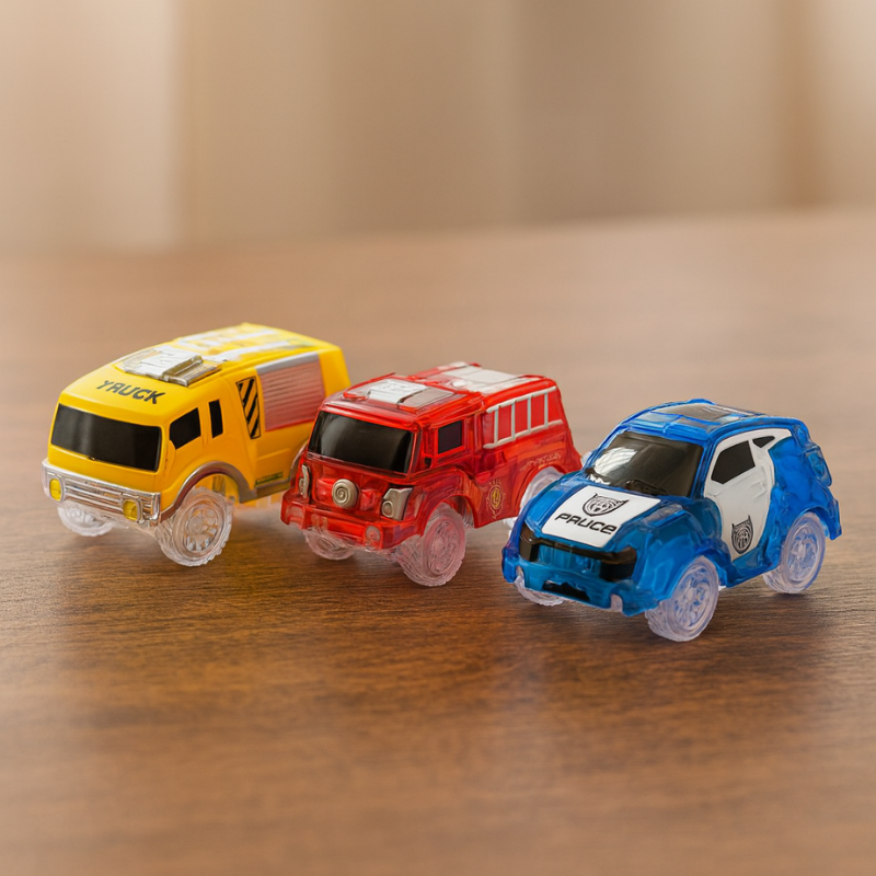 Kids playing with LED light-up race cars on a track, colorful and interactive toy vehicles