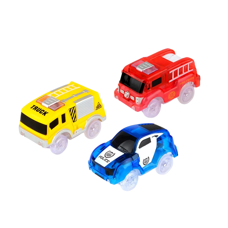 Set of three colorful LED light-up race cars, perfect childrens toy gift for boys and girls
