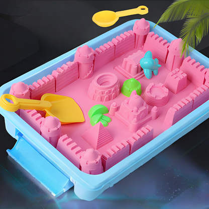 Kids playing with Magic Sand Playset, building castles with molds & tray, developing fine motor skills.