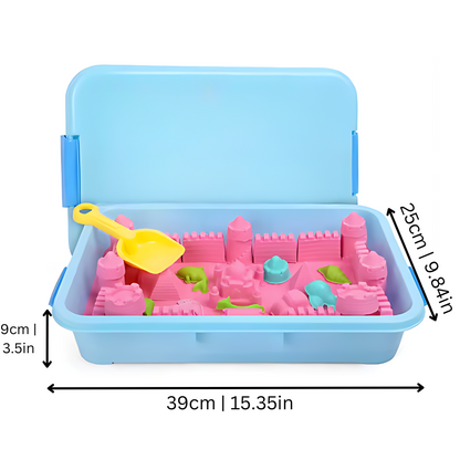 Colorful Magic Sand Playset for kids, featuring various molds, a tray, and non-toxic, moldable sand for sensory play.
