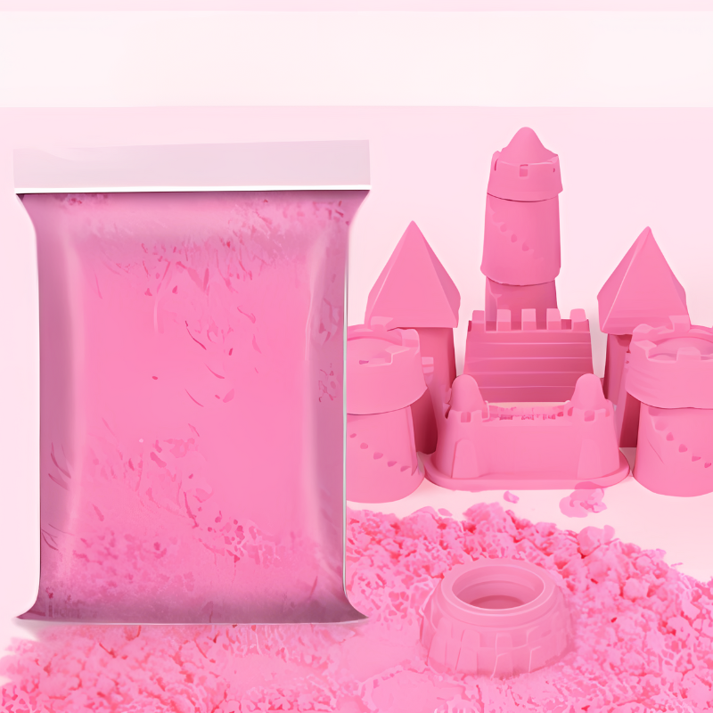 Magic Sand Playset box displaying non-toxic, moldable sand with an assortment of molds & tray, ideal for children's crafts.