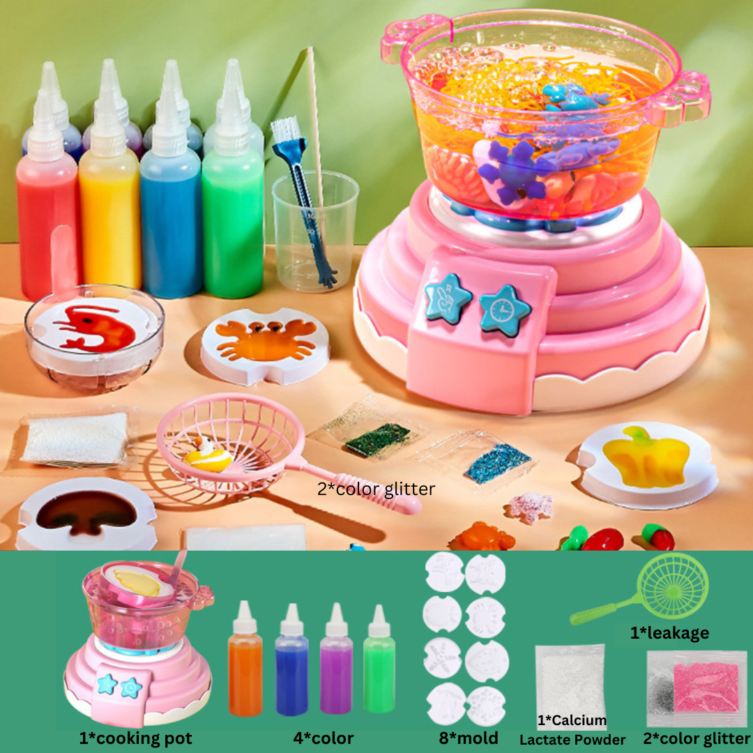 Children engaged in indoor activity with a hotpot play Magical Cooking Pot & DIY Figure Set.