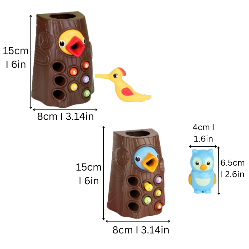 Close-up of magnetic woodpecker toy feeding colorful grubs from tree stump, educational kids toy