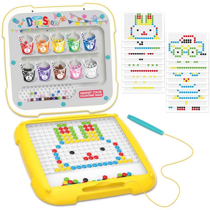 Kids playing with magnetic color & number maze board, developing fine motor skills