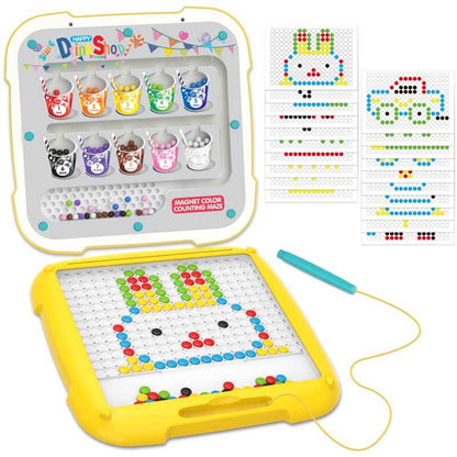 Kids playing with magnetic color & number maze board, developing fine motor skills