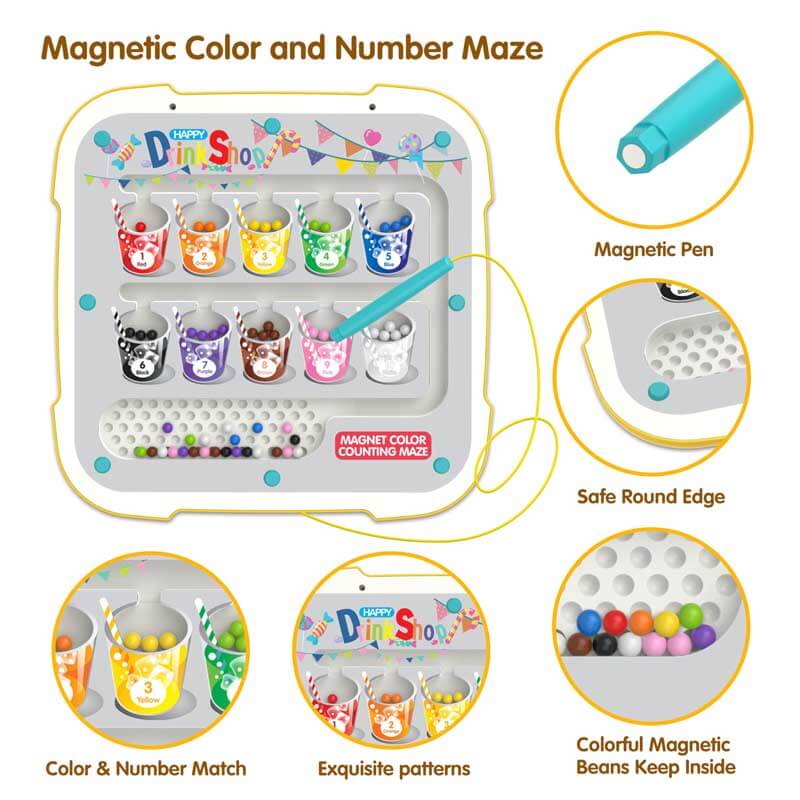 Close-up of child's hand guiding magnetic wand through color sorting maze activity