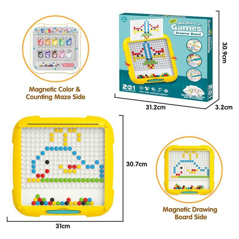 Preschooler happily sorting vibrant colored beads in magnetic maze activity toy