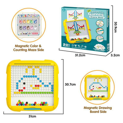 Preschooler happily sorting vibrant colored beads in magnetic maze activity toy