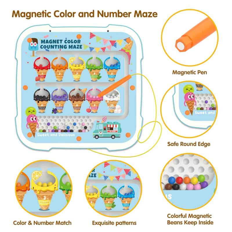 Child actively using magnetic pen to move numbered beads through maze board game