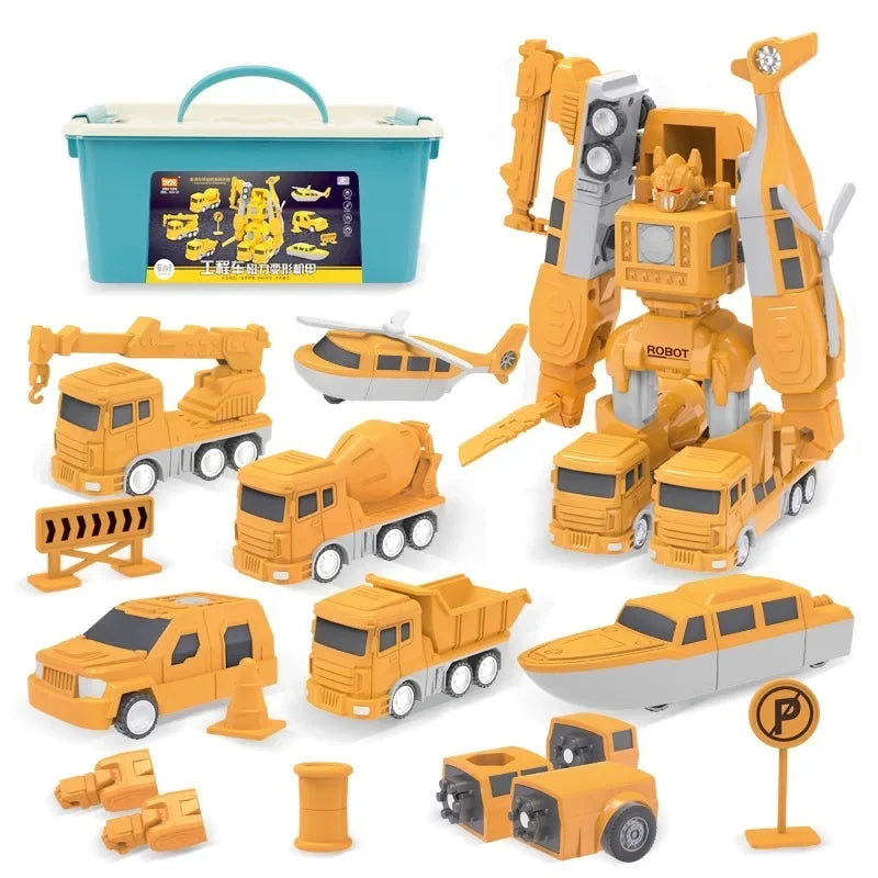 Kids playing with magnetic truck to robot transformer building toy set, transforming a truck.