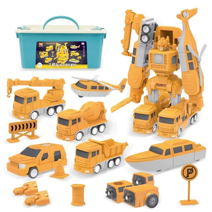 Kids playing with magnetic truck to robot transformer building toy set, transforming a truck.