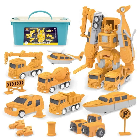 Kids playing with magnetic truck to robot transformer building toy set, transforming a truck.