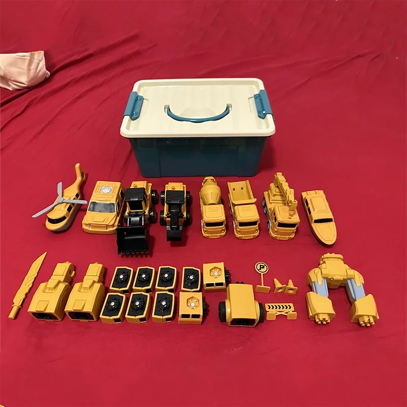Complete set of magnetic truck transformers, robot figures and vehicle parts for kids' building.