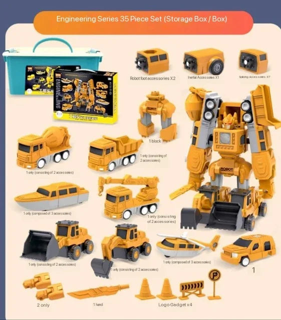 Toy magnetic truck mid-transformation to a robot, demonstrating Kids' Transformer building set.
