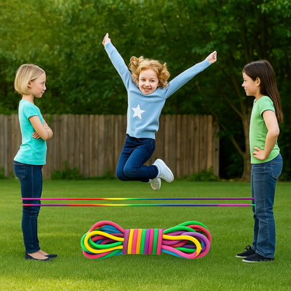 Kids playing with rainbow stretch play rope, promoting active fun & coordination outdoors