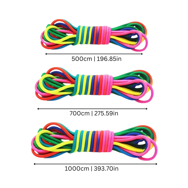 Group of children enjoying an outdoor game with a colorful stretchy rainbow play rope
