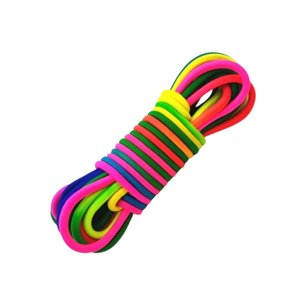 Vibrant rainbow stretch play rope, perfect for kids' active fun and teamwork activities