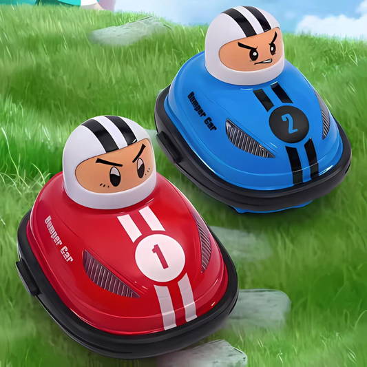 Kids playing with remote control bumper cars battle set, red and blue RC cars colliding fun.