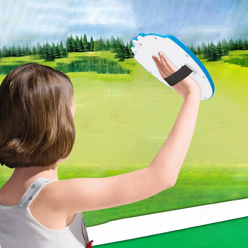 Child's hand catching a sticky ball with a light-up paddle, demonstrating hand-eye coordination