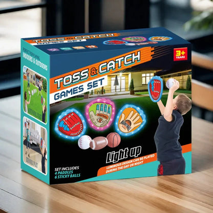Sticky sports ball set displayed with packaging, highlighting 'glows in the dark' feature for kids