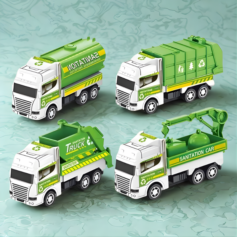 Kids playing with yellow friction-powered dump truck from 4-pack construction vehicle set, enhancing motor skills