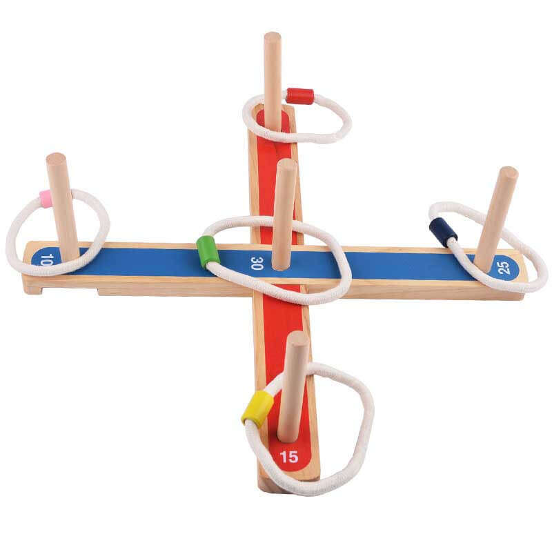 Colorful wooden ring toss game set with five scoring pegs, an engaging outdoor toy for children