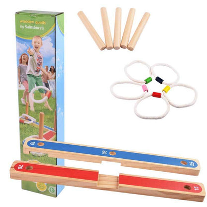Full set of wooden outdoor ring toss quoits game components, ready for active family play